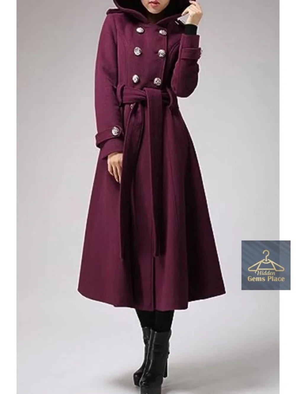 Women's Extra Long Double-Breasted Hooded Wool Blend Trench Coat